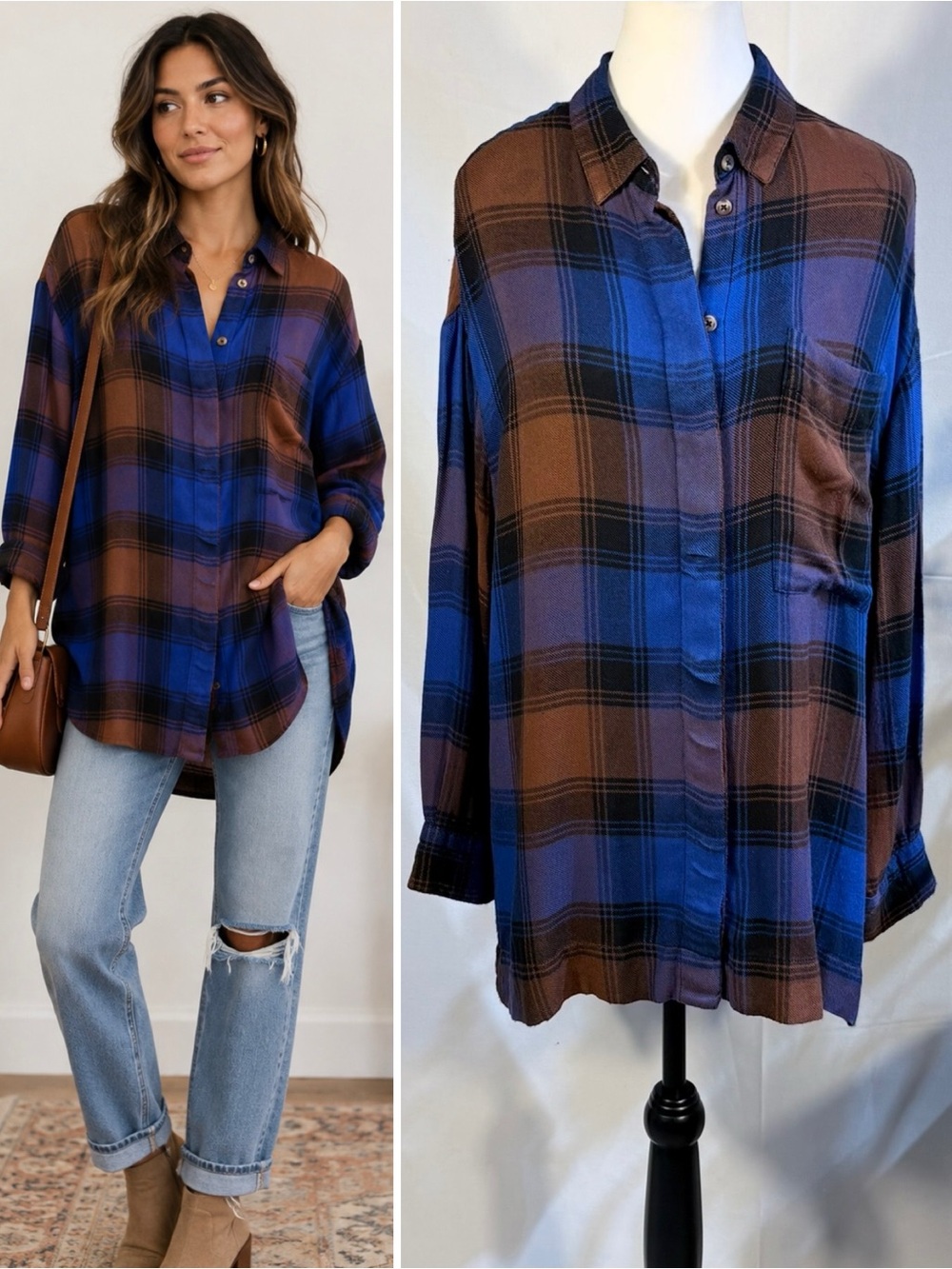 BDG Urban Outfitters Oversized Plaid Flannel Tunic Blue Rust High Low Hem~ M💚👽